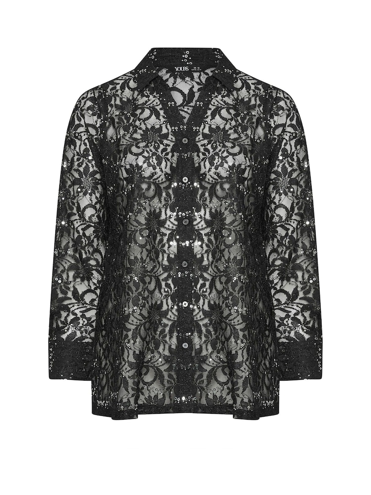 Yours Curve Black Sequin Lace Shirt - Image 6 of 6