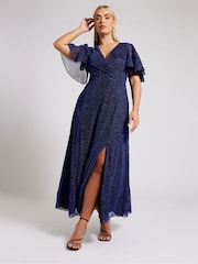 Yours Curve Blue London Metallic Wrap Maxi Dress - Image 1 of 5