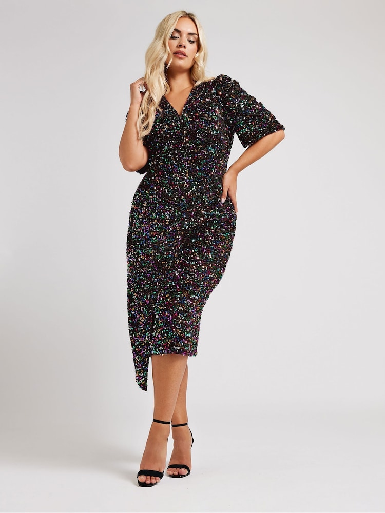 Yours Curve London Samt-Wickelkleid mit Pailletten und Puffärmeln - Bild 1 von 6 Yours Curve London Samt-Wickelkleid mit Pailletten und Puffärmeln - Bild 1 von 6