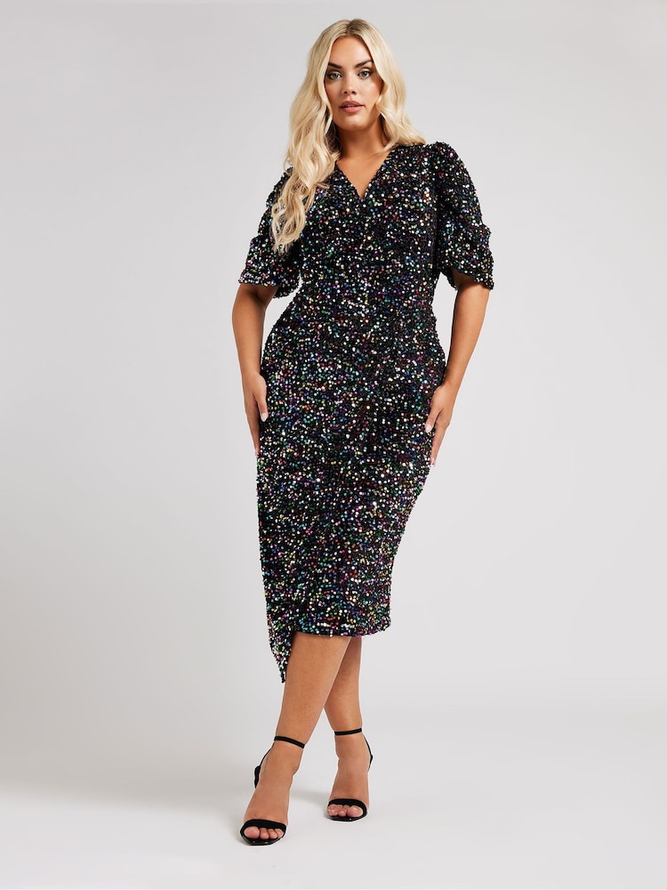 Yours Curve London Samt-Wickelkleid mit Pailletten und Puffärmeln - Bild 2 von 6 Yours Curve London Samt-Wickelkleid mit Pailletten und Puffärmeln - Bild 2 von 6