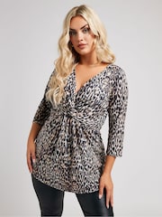 Yours Curve Natural London Leopard Print Knot Front Top - Image 2 of 6