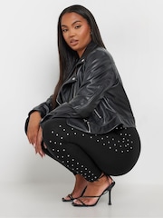 Yours Curve Black Diamante Studded Side Stripe Leggings - Image 1 of 6