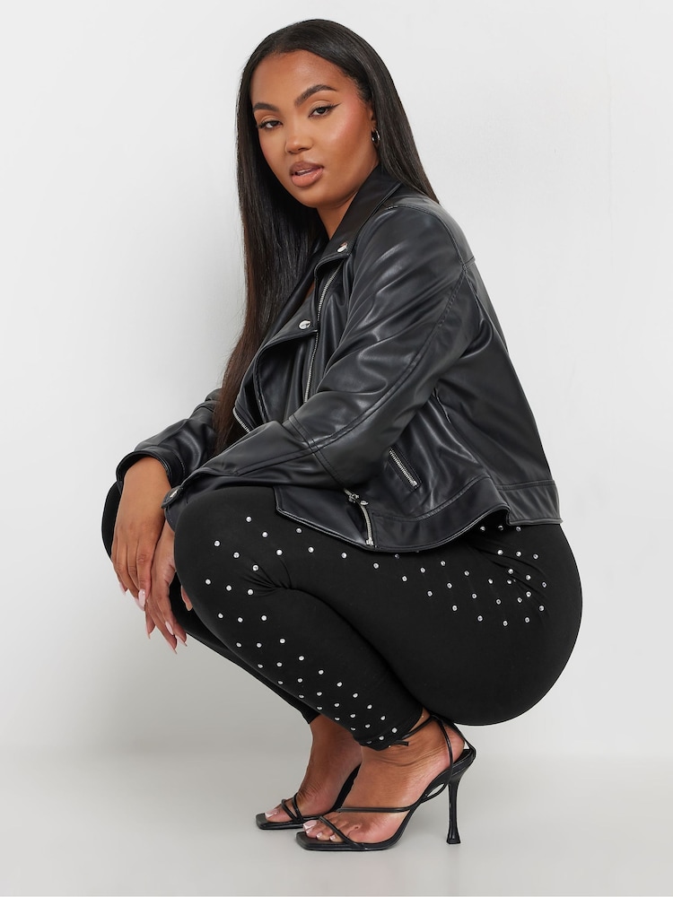 Yours Curve Black Diamante Studded Side Stripe Leggings - Image 1 of 6