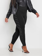 Yours Curve Black Diamante Studded Side Stripe Leggings - Image 2 of 6