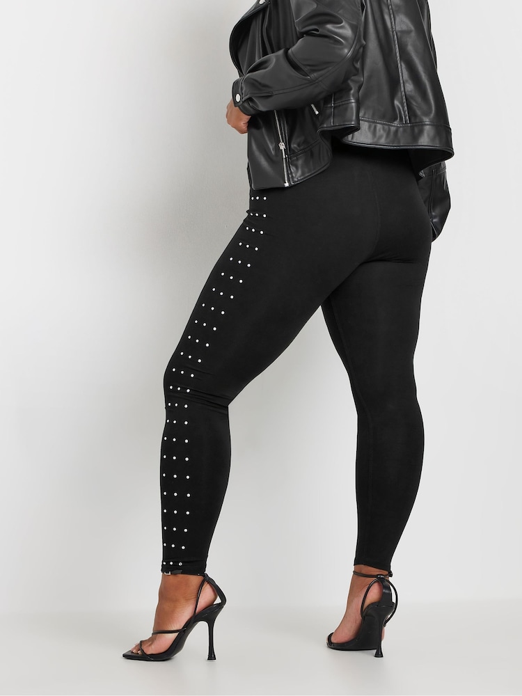 Yours Curve Black Diamante Studded Side Stripe Leggings - Image 3 of 6