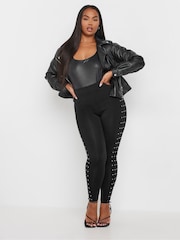 Yours Curve Black Diamante Studded Side Stripe Leggings - Image 5 of 6