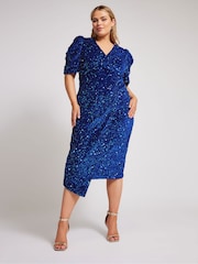 Yours Curve Blue London Sequin Velvet Puff Sleeve Wrap Dress - Image 1 of 5