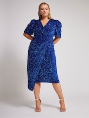 Yours Curve Blue London Sequin Velvet Puff Sleeve Wrap Dress - Image 3 of 5