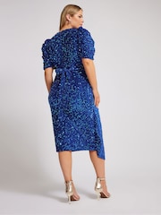 Yours Curve Blue London Sequin Velvet Puff Sleeve Wrap Dress - Image 4 of 5