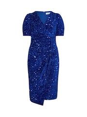 Yours Curve Blue London Sequin Velvet Puff Sleeve Wrap Dress - Image 5 of 5