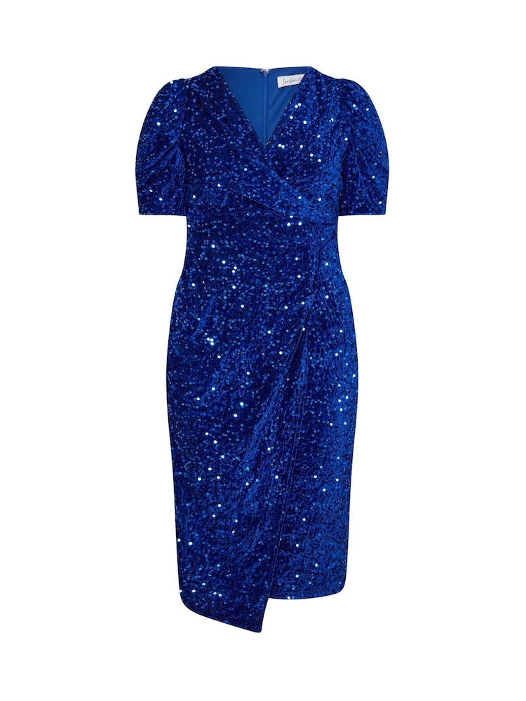 Yours Curve Blue London Sequin Velvet Puff Sleeve Wrap Dress - Image 5 of 5