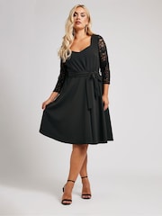Yours Curve Black London Sequin Lace Sleeve Skater Dress - Image 1 of 5