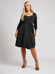 Yours Curve Black London Sequin Lace Sleeve Skater Dress - Image 2 of 5