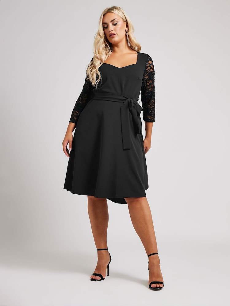 Yours Curve Black London Sequin Lace Sleeve Skater Dress - Image 2 of 5