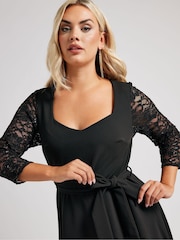 Yours Curve Black London Sequin Lace Sleeve Skater Dress - Image 4 of 5