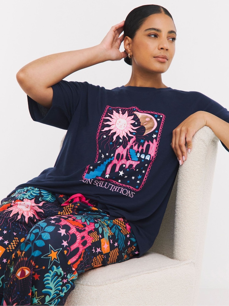 Simply Be Navy Slogan Pyjamas Set - Image 1 of 4