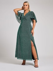 Grün - Yours Curve London – Maxi-Wickelkleid in Metallic-Optik - Bild 1 von 5