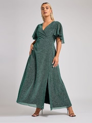 Grün - Yours Curve London – Maxi-Wickelkleid in Metallic-Optik - Bild 3 von 5