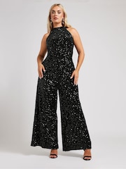 Yours Curve Black Sequin Velvet Jumpsuit - Image 2 of 6