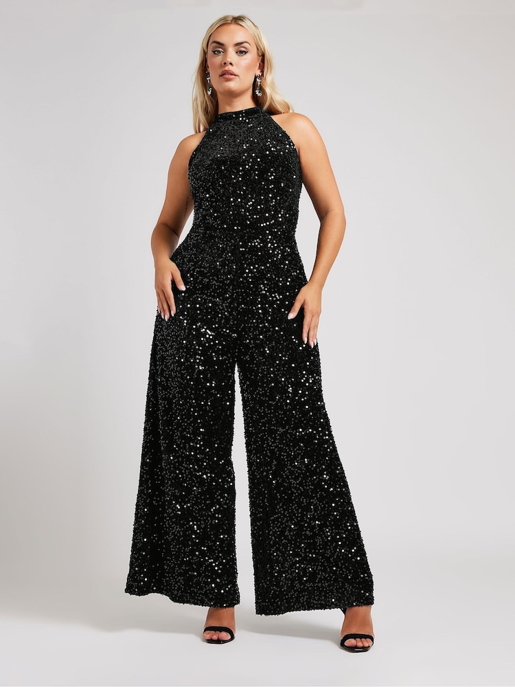 Yours Curve Black Sequin Velvet Jumpsuit - Image 2 of 6