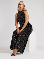 Yours Curve Black Sequin Velvet Jumpsuit - Image 3 of 6