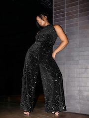 Yours Curve Black Sequin Velvet Jumpsuit - Image 4 of 6
