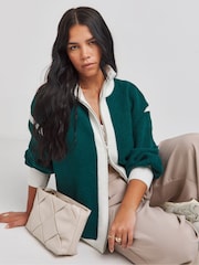 Simply Be Green Colour Black Knit Bomber Jacket - Image 1 of 4