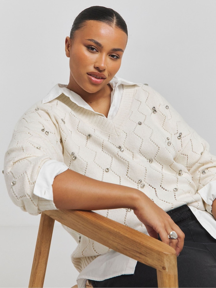 Simply Be Cream Embellished Jumper - Image 1 of 4
