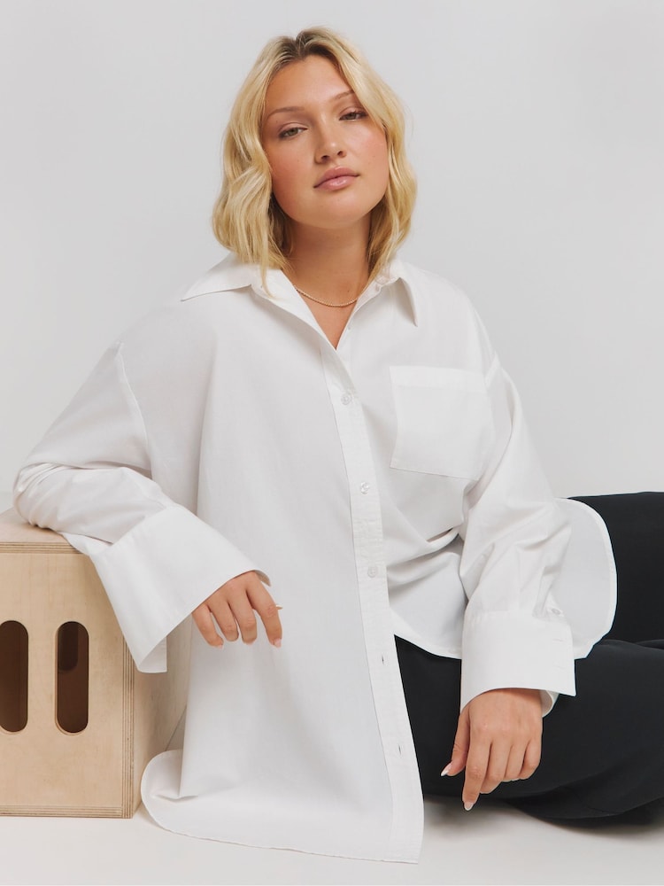 Simply Be White Oversized 100% Cotton Poplin Shirt - Image 1 of 4 Simply Be White Oversized 100% Cotton Poplin Shirt - Image 1 of 4