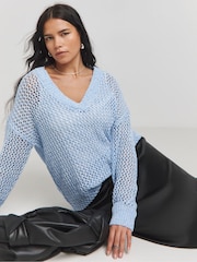 Simply Be Blue Twisted Slouchy V Neck Longline Crochet Jumper - Image 1 of 4