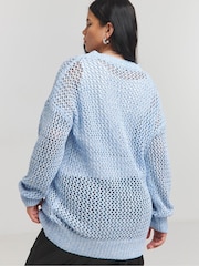 Simply Be Blue Twisted Slouchy V Neck Longline Crochet Jumper - Image 2 of 4
