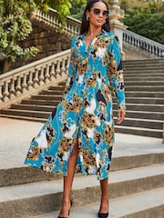 Sosandar Blue Multi Print Midi Shirt Dress - Image 4 of 5