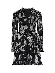 Pour Moi Black Leopard Print BIzzy Shirred Bodice Long Sleeve Chiffon Dress - Image 3 of 4