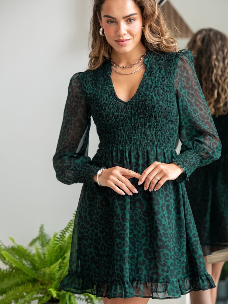 Pour Moi Green Leopard Print BIzzy Shirred Bodice Long Sleeve Chiffon Dress - Image 1 of 4