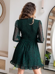 Pour Moi Green Leopard Print BIzzy Shirred Bodice Long Sleeve Chiffon Dress - Image 2 of 4