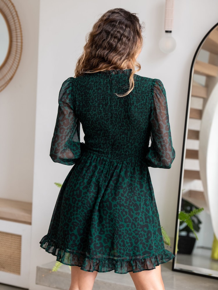 Pour Moi Green Leopard Print BIzzy Shirred Bodice Long Sleeve Chiffon Dress - Image 2 of 4