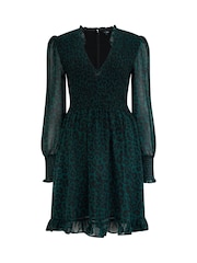 Pour Moi Green Leopard Print BIzzy Shirred Bodice Long Sleeve Chiffon Dress - Image 3 of 4