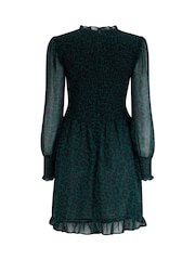 Pour Moi Green Leopard Print BIzzy Shirred Bodice Long Sleeve Chiffon Dress - Image 4 of 4