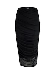 Pour Moi Black Maeve Ruched Mesh Midi Pencil Skirt - Image 3 of 4