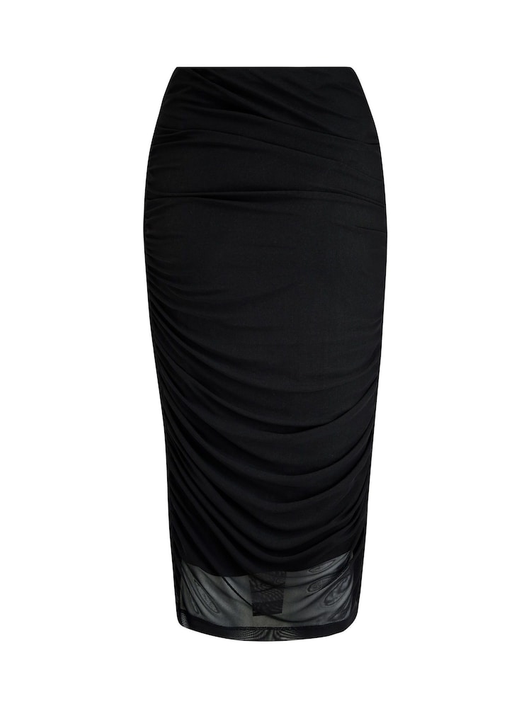 Pour Moi Black Maeve Ruched Mesh Midi Pencil Skirt - Image 4 of 4