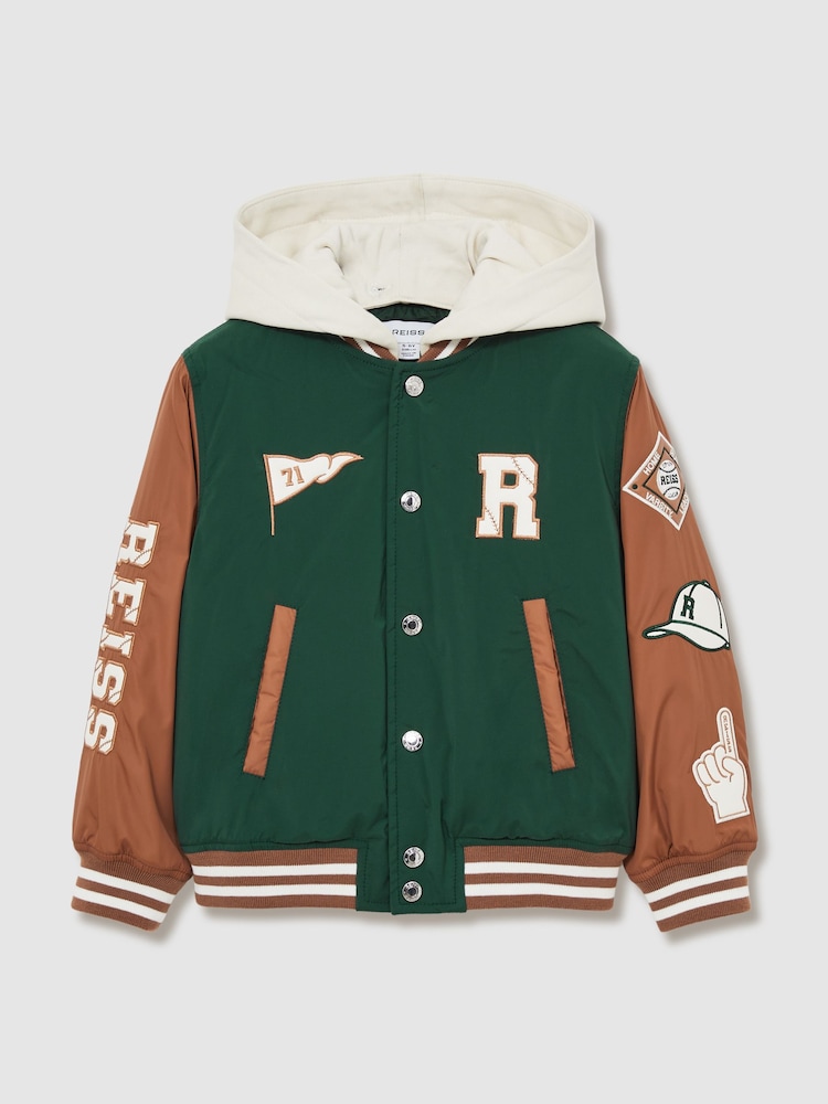 Reiss Green/Tobacco Brown Wells 3-9 yrs Home-Run Colourblock Bomber Jacket - Image 2 of 5