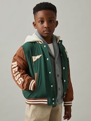Reiss Green/Tobacco Brown Wells 3-9 yrs Home-Run Colourblock Bomber Jacket - Image 3 of 5