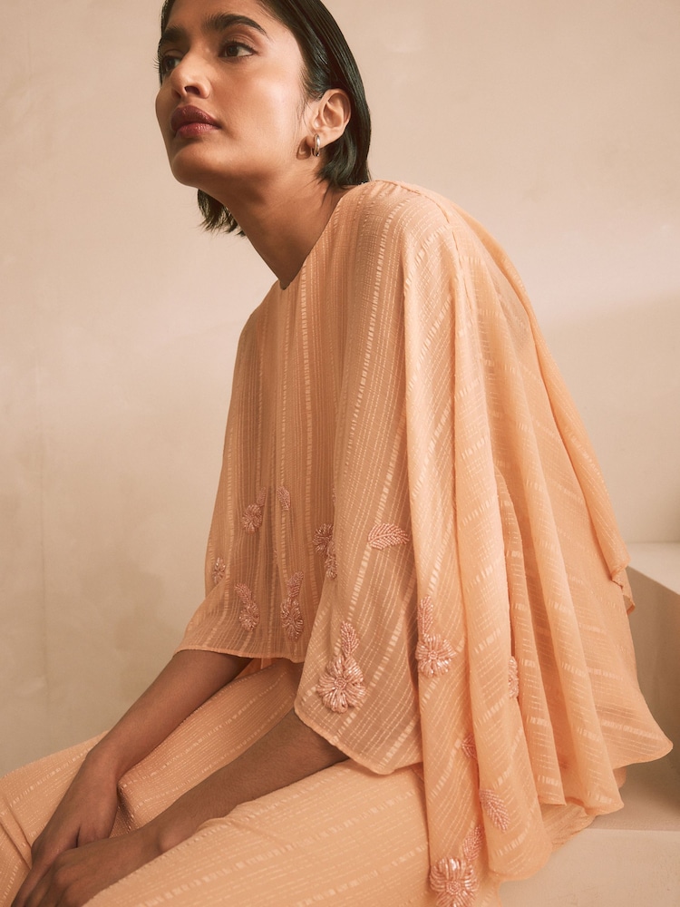Peach Pink Cape Bead Embelishment Crew Neck Maxi Dress - Image 1 of 4