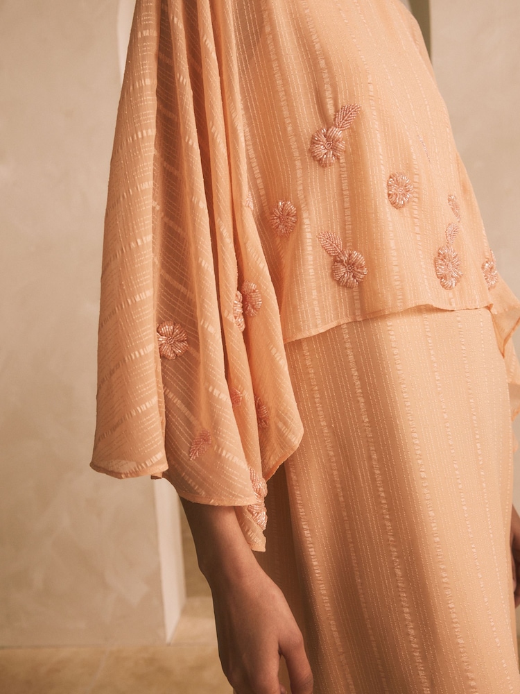 Peach Pink Cape Bead Embelishment Crew Neck Maxi Dress - Image 4 of 4