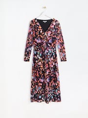 Oliver Bonas Black Abstract Print Ruched Midi Dress - Image 1 of 6