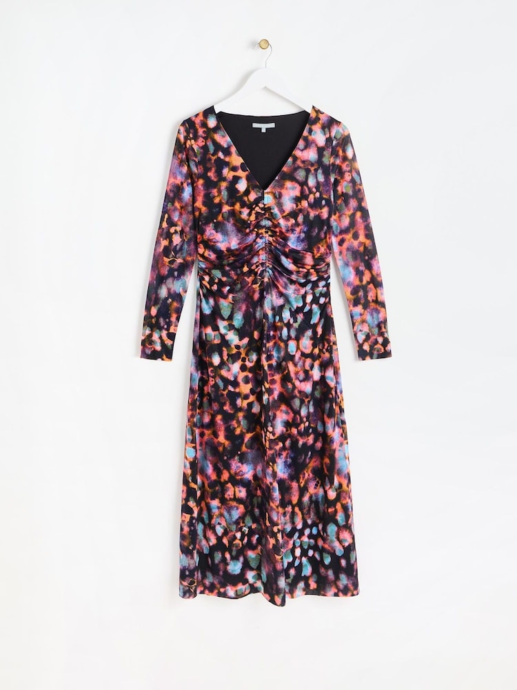 Oliver Bonas Black Abstract Print Ruched Midi Dress - Image 1 of 6