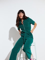 Oliver Bonas Green Jade Corduroy Short Sleeve Jumpsuit - Image 1 of 8