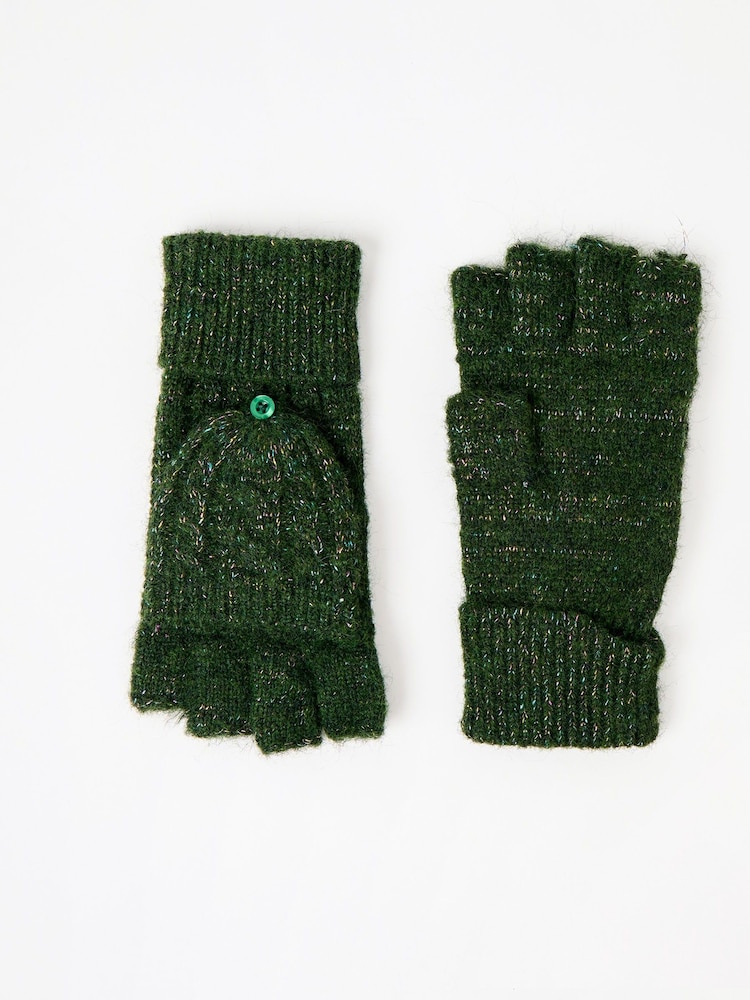Oliver Bonas Khaki Green Sparkle Knitted Fingerless Mitten Gloves - Image 1 of 6