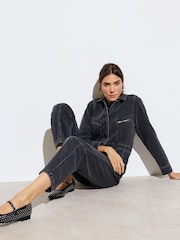 Oliver Bonas Grey Dark Grey Denim 100% Cotton Boilersuit - Image 1 of 8