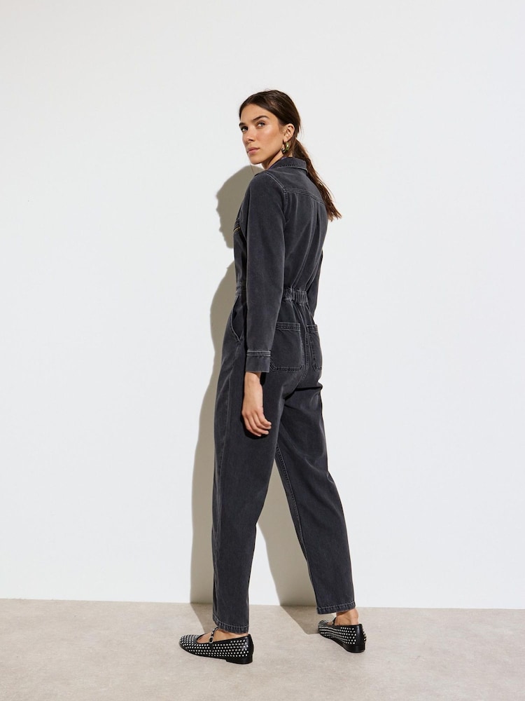 Oliver Bonas Grey Dark Grey Denim 100% Cotton Boilersuit - Image 2 of 8